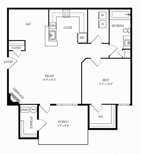 Floor plan for 1 bed, 1 bath, 786 sqft